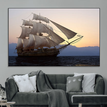 99957679-MGV-CV-36X24-Majestic Sailing Ship Wall Art – Sunset Ocean Voyage, Classic Tall Ship with Wind Filled Sails Canvas Print for Home, Office,