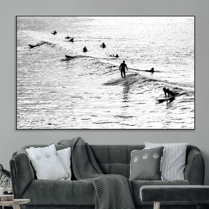 68018616-MGV-CV-36X24-Black and White Surf Photography Print – Minimalist Ocean Wall Art, Surfers Riding Waves, Coastal Beach Decor for Modern Home or
