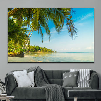 65056721-MGV-CV-36X24-Tropical Beach Wall Art – Palm Tree Coastal Photography Print, Relaxing Ocean Paradise Landscape, Island Seascape Home or Office