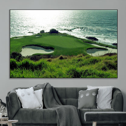 48473947-MGV-CV-36X24-Ocean Golf Course Wall Art – Panoramic Green Fairway Canvas Print, Coastal Golf Landscape Photography Sports Decor for Office, Man