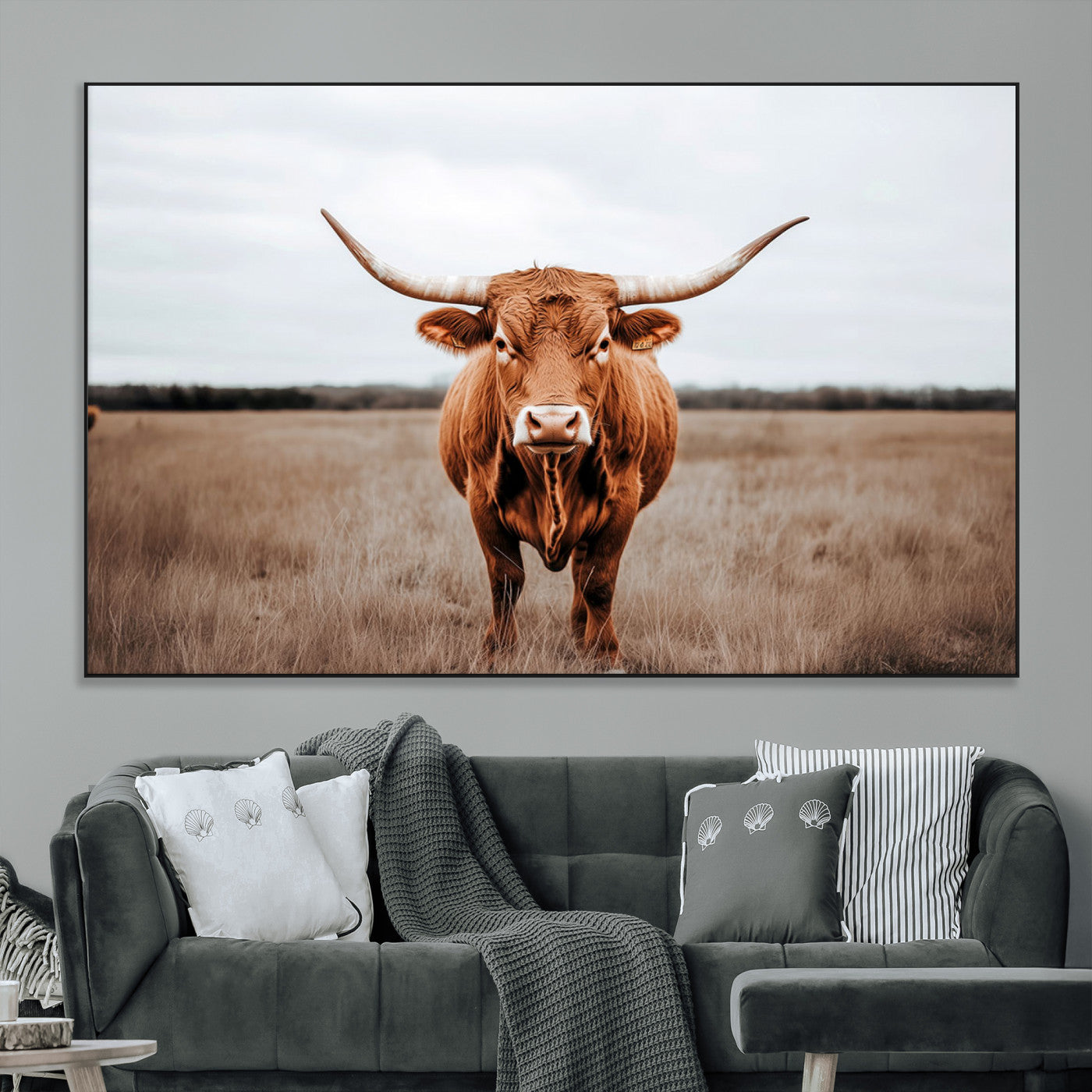 16316734-MGV-CV-36X24-Texas Longhorn Wall Art – Rustic Bull Portrait Canvas Print, Western Farmhouse Animal Photography Decor for Living Room, Office,