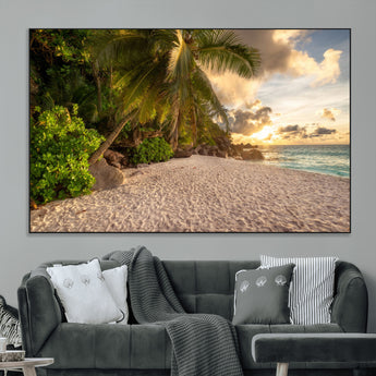 89531159-MGV-CV-36X24-Tropical Beach Sunset Canvas Wall Art – Palm Trees Golden Sand Ocean Waves Coastal Paradise Print for Beach House Bedroom Bathroom