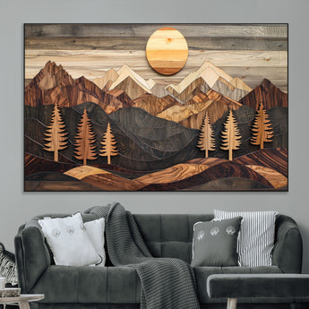 90044381-MGV-CV-36X24-Rustic Wall Art – Wooden Mountain Landscape with Sun and Pine Trees, Handcrafted Nature Canvas Style Decor for Bedroom, Living