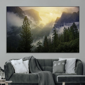38316884-MGV-CV-36X24-Landscape Wall Art – Misty Mountain Valley Canvas Print, Scenic Pine Forest and Sunrise Photography Decor for Bedroom, Living