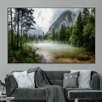 93123937-MGV-CV-36X24-Landscape Wall Art – Misty Mountain Lake Canvas Print, Tranquil Forest and Waterfall Photography Decor for Bedroom, Living Room,