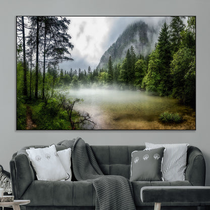 93123937-MGV-CV-36X24-Landscape Wall Art – Misty Mountain Lake Canvas Print, Tranquil Forest and Waterfall Photography Decor for Bedroom, Living Room,