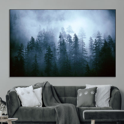 93439624-MGV-CV-36X24-Forest Wall Art – Misty Pine Trees Canvas Print, Moody Nature Photography Decor for Bedroom, Living Room, Office, Cabin, Lodge or