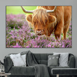 64069351-MGV-CV-36X24-Farmhouse Wall Art – Highland Cow in Wildflowers Canvas Print, Rustic Country Cattle Photography Decor for Bedroom, Living Room,