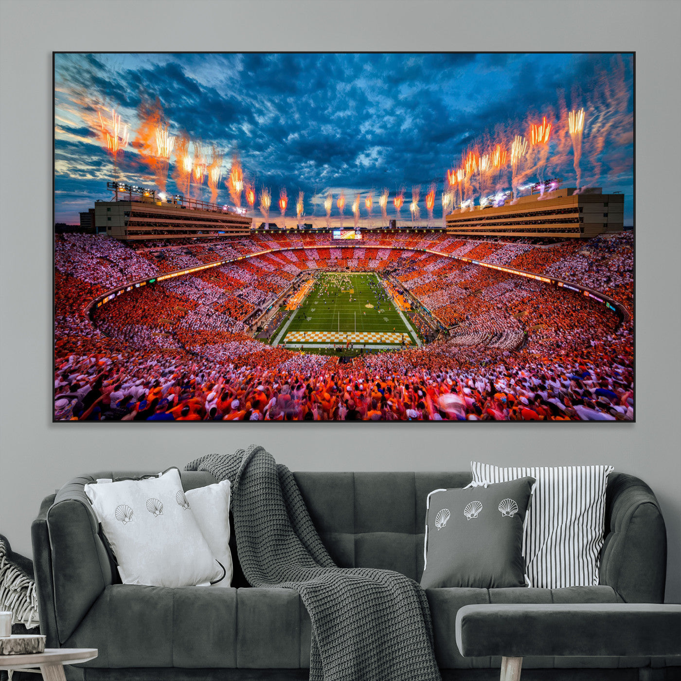 94266219-MGV-CV-36X24-Neyland Stadium Wall Art – Panoramic Tennessee Volunteers Checkerboard Crowd Fireworks Canvas Print, Football Game Day Sports