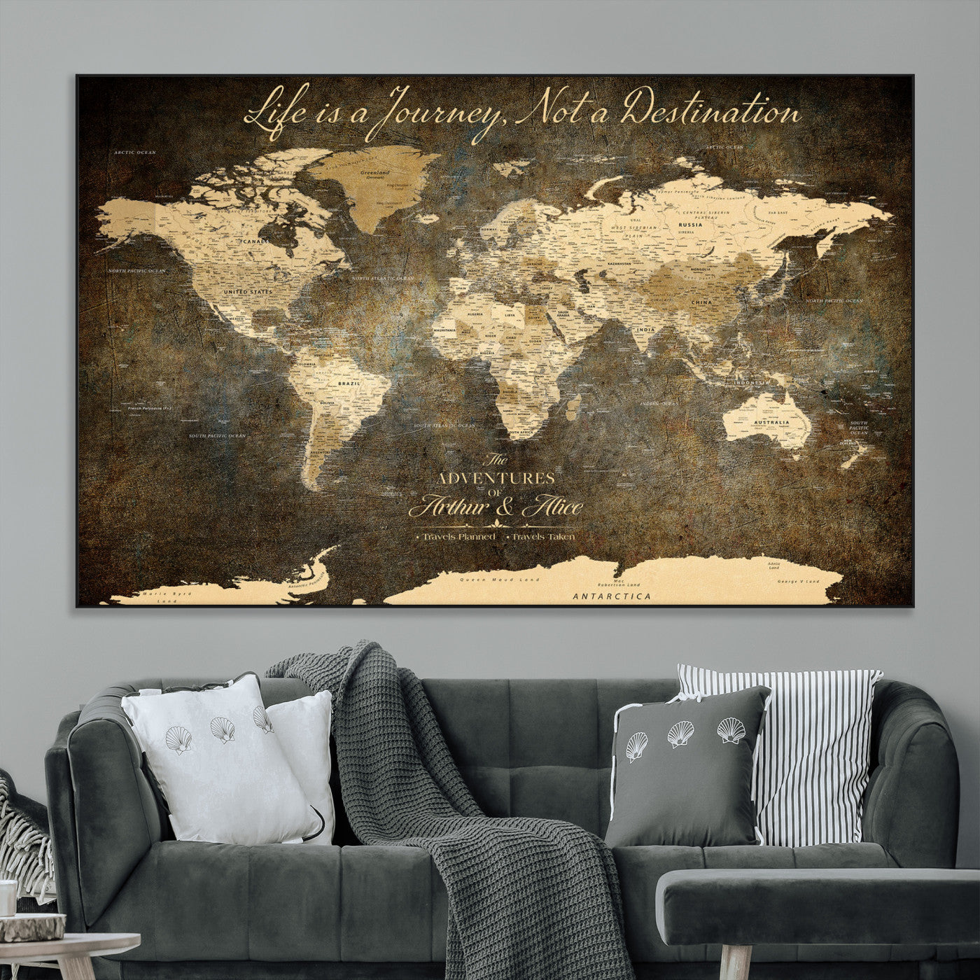 13394308-MGV-CV-36X24-Personalized World Map Wall Art – Dark Rustic Vintage Adventure Travel Map with Custom Couple Names, Timeless Wall Decor for Home