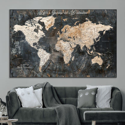 55548943-MGV-CV-36X24-Personalized World Map Wall Art – Rustic Wood Texture Adventure Travel Map with Custom Couple Names, Vintage Dark Wall Decor for