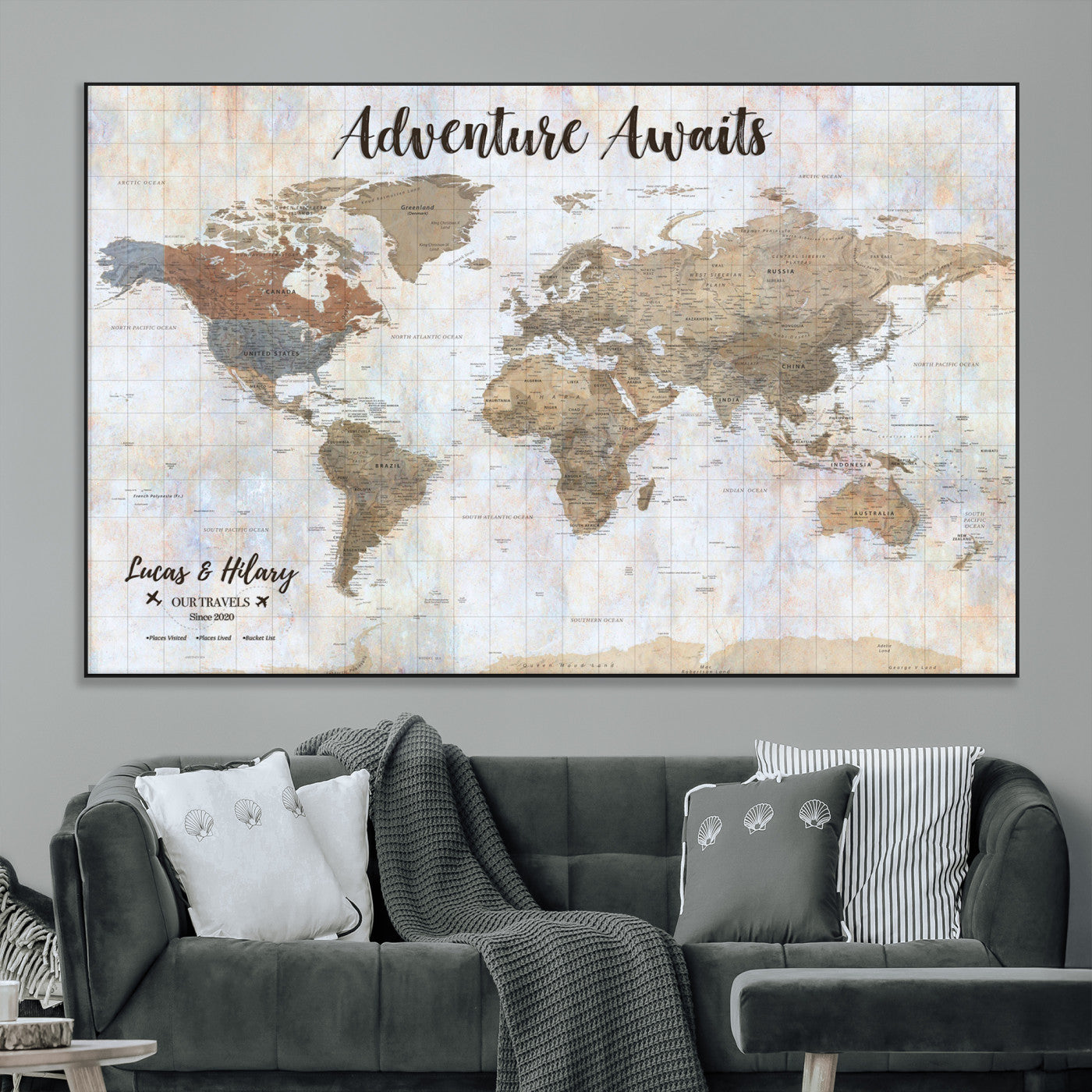 30792405-MGV-CV-36X24-Personalized World Map Wall Art – Rustic Beige Adventure Travel Map with Custom Couple Names, Vintage Wall Decor for Home or