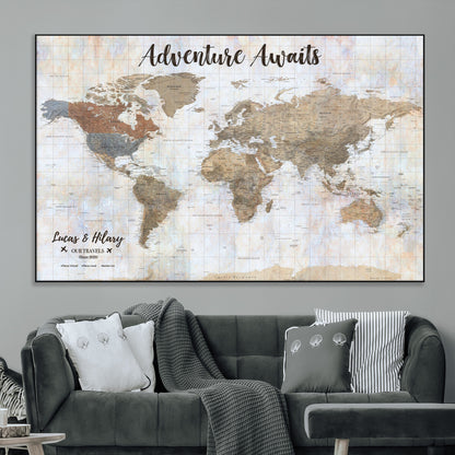 30792405-MGV-CV-36X24-Personalized World Map Wall Art – Rustic Beige Adventure Travel Map with Custom Couple Names, Vintage Wall Decor for Home or