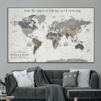 97082026-MGV-CV-36X24-Personalized World Map Wall Art – Vintage Gray Adventure Travel Map with Custom Couple or Family Names, Rustic Wall Decor for Home