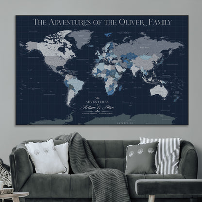 76726424-MGV-CV-36X24-Personalized World Map Wall Art – Navy Blue & Grey Adventure Travel Map with Custom Family or Couple Names, Modern Wall Decor for