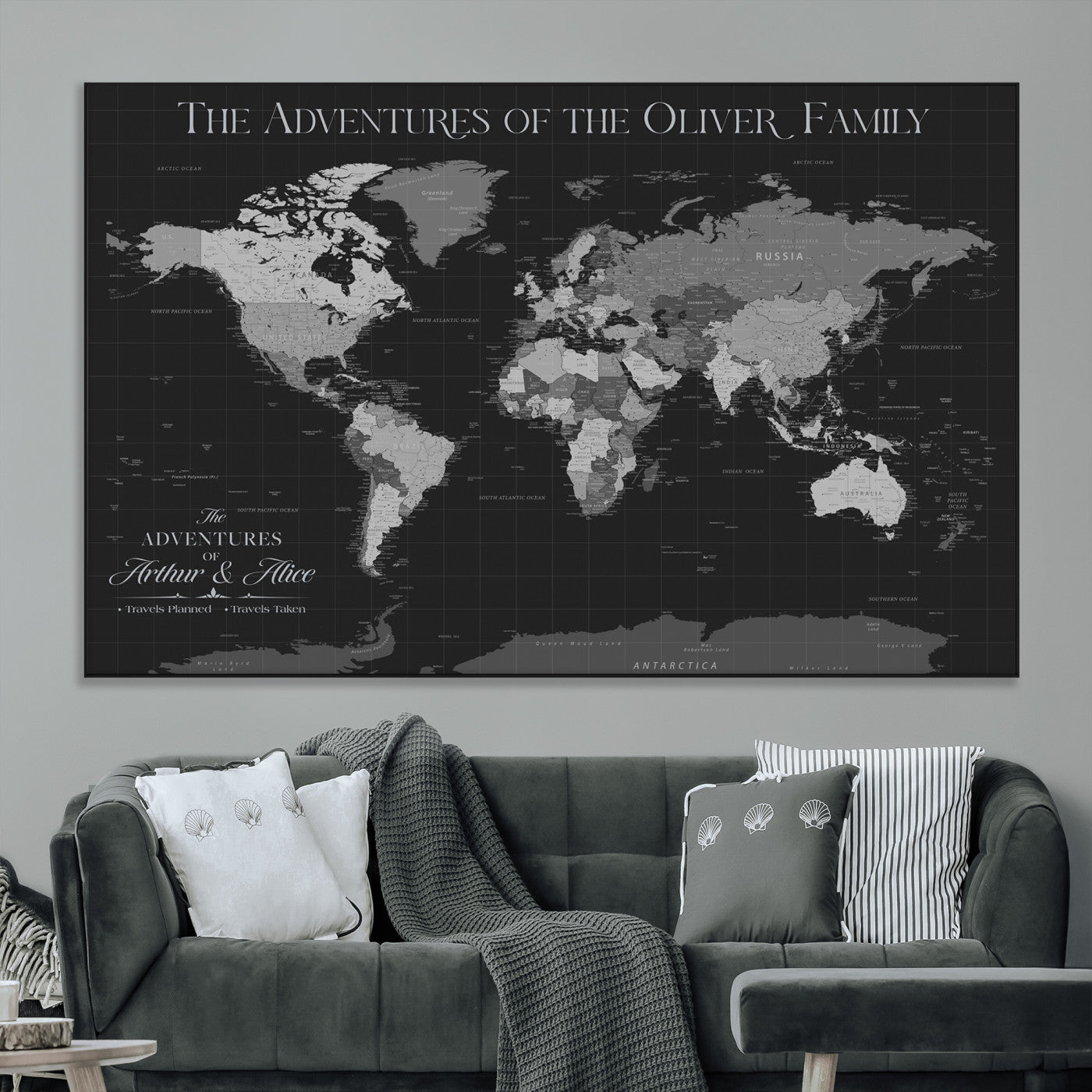 46064114-MGV-CV-36X24-Personalized World Map Wall Art – Black & Grey Adventure Travel Map with Custom Family or Couple Names, Modern Wall Decor for Home