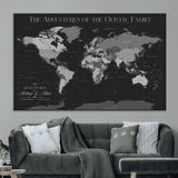 46064114-MGV-CV-36X24-Personalized World Map Wall Art – Black & Grey Adventure Travel Map with Custom Family or Couple Names, Modern Wall Decor for Home