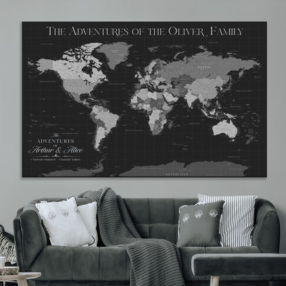 46064114-MGV-CV-36X24-Personalized World Map Wall Art – Black & Grey Adventure Travel Map with Custom Family or Couple Names, Modern Wall Decor for Home