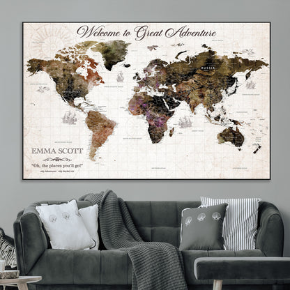 33631532-MGV-CV-36X24-Personalized World Map Wall Art – Dark Vintage Adventure Travel Map with Custom Names, Rustic Wall Decor for Couples, Home or