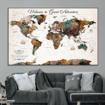 67029173-MGV-CV-36X24-Personalized World Map Wall Art – Colorful Vintage Adventure Travel Map with Custom Couple Names, Rustic Wall Decor for Home,