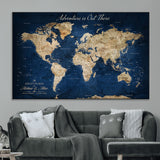 71052542-MGV-CV-36X24-Personalized World Map Wall Art – Rustic Navy Blue Adventure Travel Map with Custom Couple Names, Vintage Wall Decor for Home or