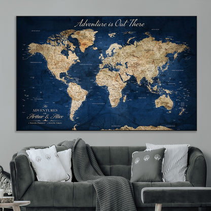 71052542-MGV-CV-36X24-Personalized World Map Wall Art – Rustic Navy Blue Adventure Travel Map with Custom Couple Names, Vintage Wall Decor for Home or