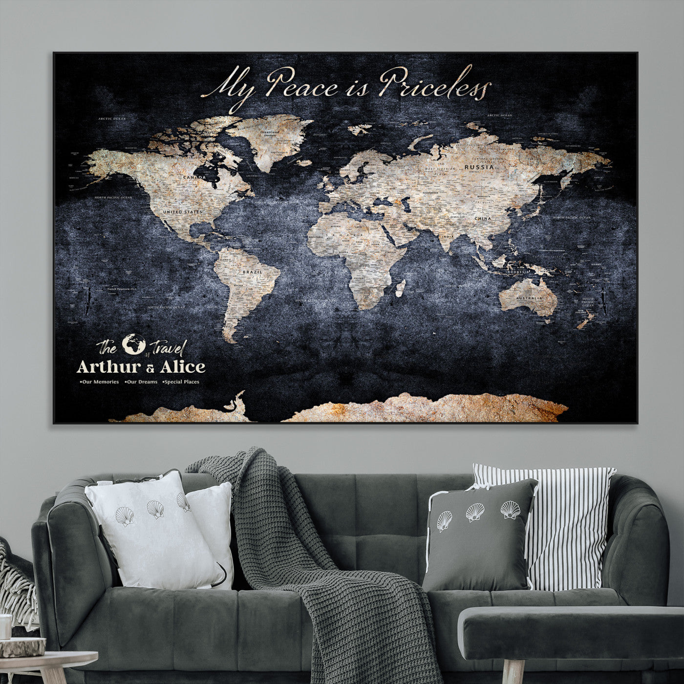 85403043-MGV-CV-36X24-Personalized World Map Wall Art – Dark Blue Rustic Adventure Map with Custom Couple Names, Vintage Wall Decor for Home or Travel