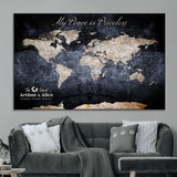 85403043-MGV-CV-36X24-Personalized World Map Wall Art – Dark Blue Rustic Adventure Map with Custom Couple Names, Vintage Wall Decor for Home or Travel
