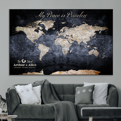 85403043-MGV-CV-36X24-Personalized World Map Wall Art – Dark Blue Rustic Adventure Map with Custom Couple Names, Vintage Wall Decor for Home or Travel