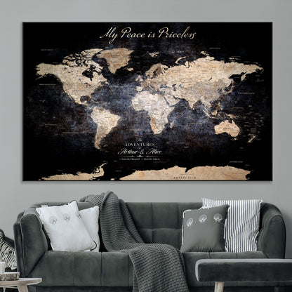 51488142-MGV-CV-36X24-Personalized World Map Wall Art – Dark Rustic Adventure Travel Map with Custom Names, Vintage Wall Decor for Couples, Families or