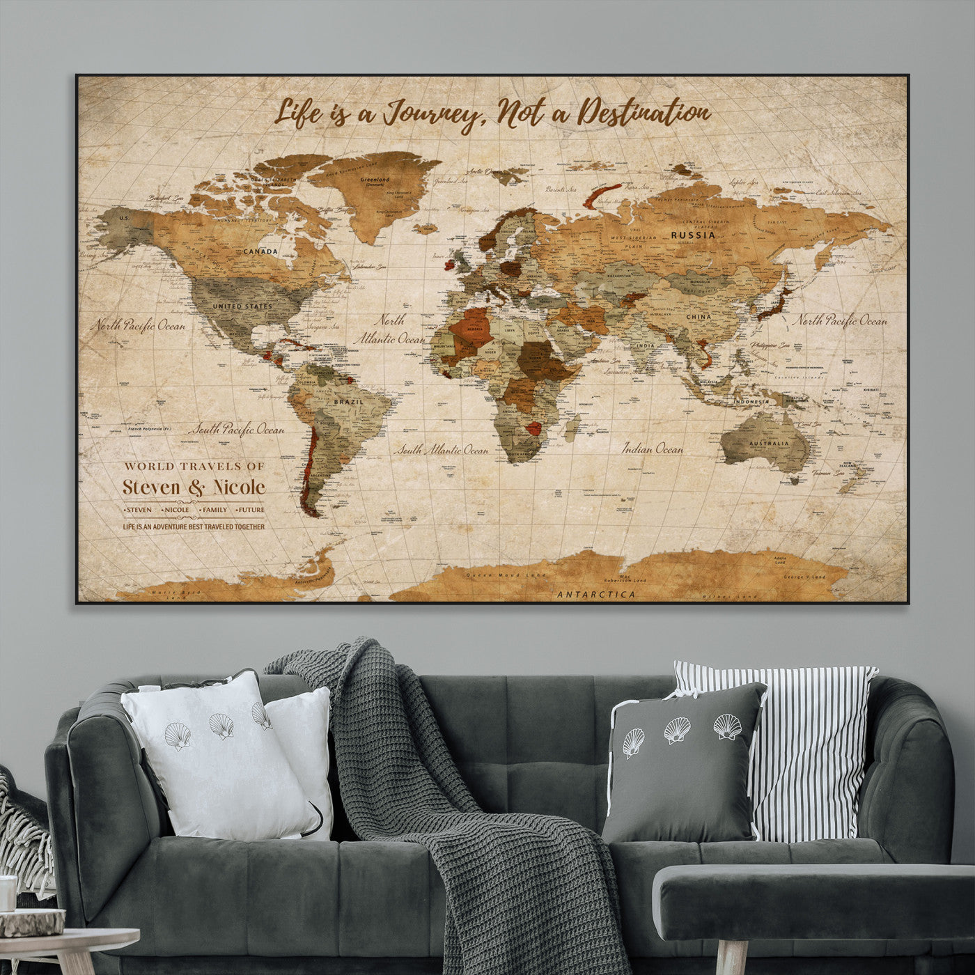 75179116-MGV-CV-36X24-Personalized World Map Wall Art – Rustic Vintage Travel Map with Custom Names, Inspirational Adventure Décor for Couples, Families
