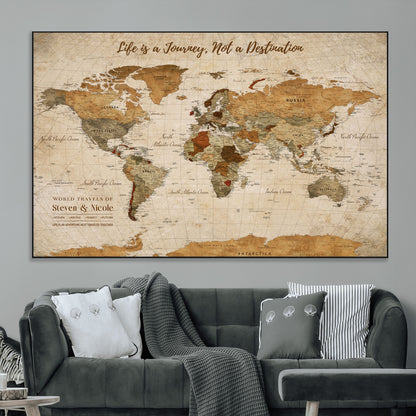 75179116-MGV-CV-36X24-Personalized World Map Wall Art – Rustic Vintage Travel Map with Custom Names, Inspirational Adventure Décor for Couples, Families