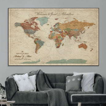 43497401-MGV-CV-36X24-Personalized World Map Wall Art – Vintage Rustic Adventure Travel Map with Custom Couple Names, Welcome to Great Adventure Wall