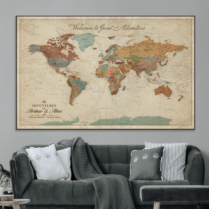 43497401-MGV-CV-36X24-Personalized World Map Wall Art – Vintage Rustic Adventure Travel Map with Custom Couple Names, Welcome to Great Adventure Wall