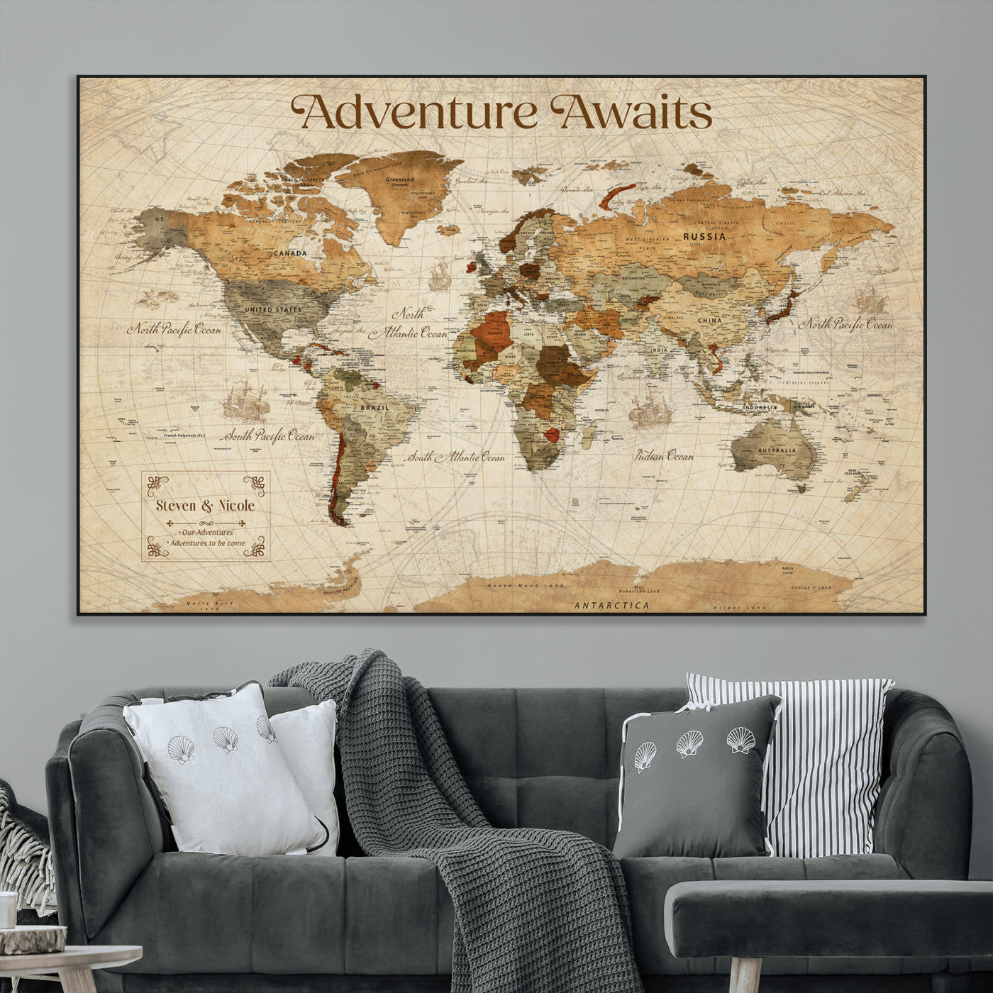 18685073-MGV-CV-36X24-Personalized World Map Wall Art – Antique Vintage Parchment Adventure Awaits Travel Map with Custom Couple Names, Rustic Wall
