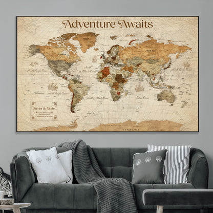 18685073-MGV-CV-36X24-Personalized World Map Wall Art – Antique Vintage Parchment Adventure Awaits Travel Map with Custom Couple Names, Rustic Wall