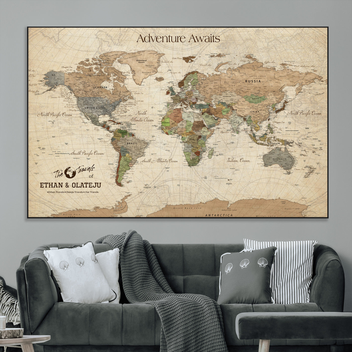 62766900-MGV-CV-36X24-Personalized World Map Wall Art – Antique Parchment Adventure Travel Map with Custom Couple Names, Rustic Wall Decor for Home,
