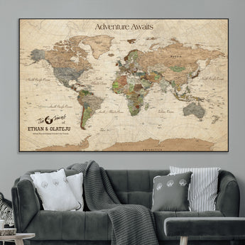 62766900-MGV-CV-36X24-Personalized World Map Wall Art – Antique Parchment Adventure Travel Map with Custom Couple Names, Rustic Wall Decor for Home,
