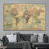 32019746-MGV-CV-36X24-Personalized World Map Wall Art – Vintage Camo Adventure Travel Map with Custom Family Names, Rustic Wall Decor for Couples, Home