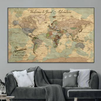 32019746-MGV-CV-36X24-Personalized World Map Wall Art – Vintage Camo Adventure Travel Map with Custom Family Names, Rustic Wall Decor for Couples, Home