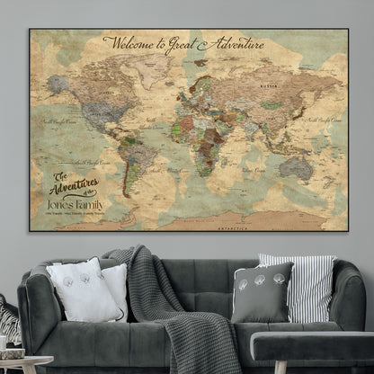 32019746-MGV-CV-36X24-Personalized World Map Wall Art – Vintage Camo Adventure Travel Map with Custom Family Names, Rustic Wall Decor for Couples, Home