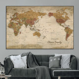 31874045-MGV-CV-36X24-Personalized World Map Wall Art – Vintage Earth Tone Adventure Map with Custom Family Names, Rustic Travel Decor for Home, Couples