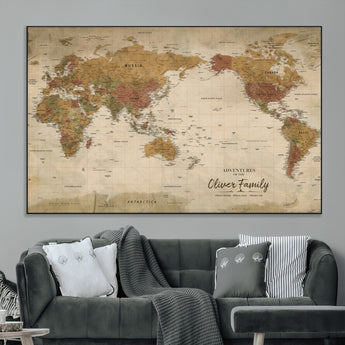 31874045-MGV-CV-36X24-Personalized World Map Wall Art – Vintage Earth Tone Adventure Map with Custom Family Names, Rustic Travel Decor for Home, Couples