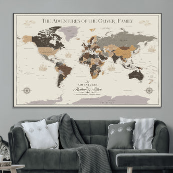40679469-MGV-CV-36X24-Personalized World Map Wall Art – Neutral Tones Adventure Travel Map with Custom Family Names, Rustic Wall Decor for Living Room