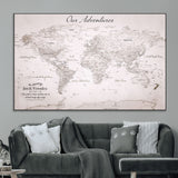 11706567-MGV-CV-36X24-Personalized World Map Wall Art – Minimalist Beige Adventure Travel Map with Custom Names, Elegant Push Pin Canvas for Couples,
