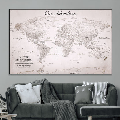 11706567-MGV-CV-36X24-Personalized World Map Wall Art – Minimalist Beige Adventure Travel Map with Custom Names, Elegant Push Pin Canvas for Couples,