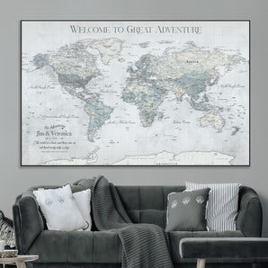 70605050-MGV-CV-36X24-Personalized World Map Wall Art – Cool Gray Adventure Travel Map with Custom Names, Elegant Push Pin Canvas for Couples, Family