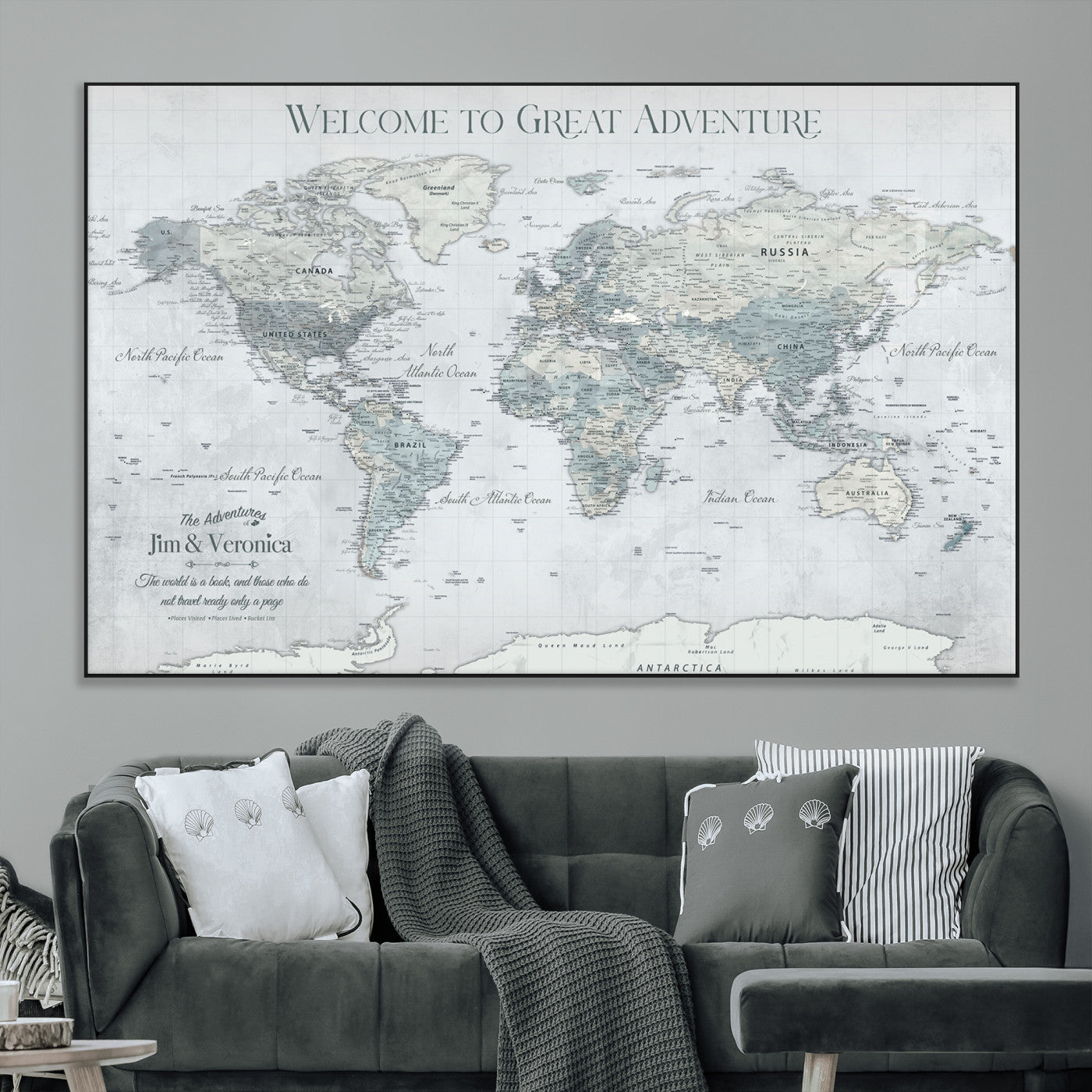 70605050-MGV-CV-36X24-Personalized World Map Wall Art – Cool Gray Adventure Travel Map with Custom Names, Elegant Push Pin Canvas for Couples, Family