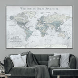 70605050-MGV-CV-36X24-Personalized World Map Wall Art – Cool Gray Adventure Travel Map with Custom Names, Elegant Push Pin Canvas for Couples, Family