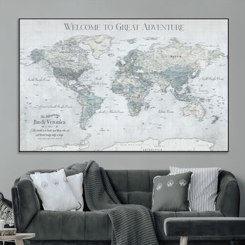 70605050-MGV-CV-36X24-Personalized World Map Wall Art – Cool Gray Adventure Travel Map with Custom Names, Elegant Push Pin Canvas for Couples, Family